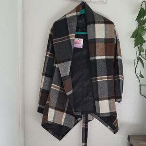 Chicwish Checkered Cape Jacket - Black, Brown, Cream